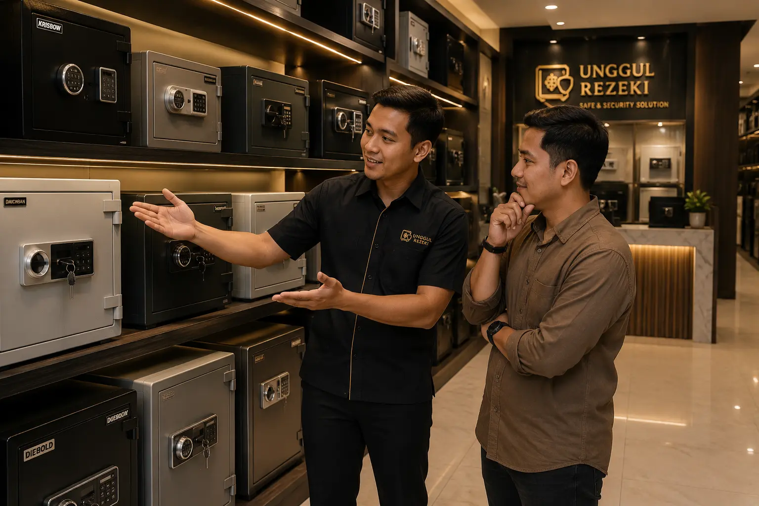 Sales menjelaskan pilihan brankas baru dan second kepada pelanggan di showroom