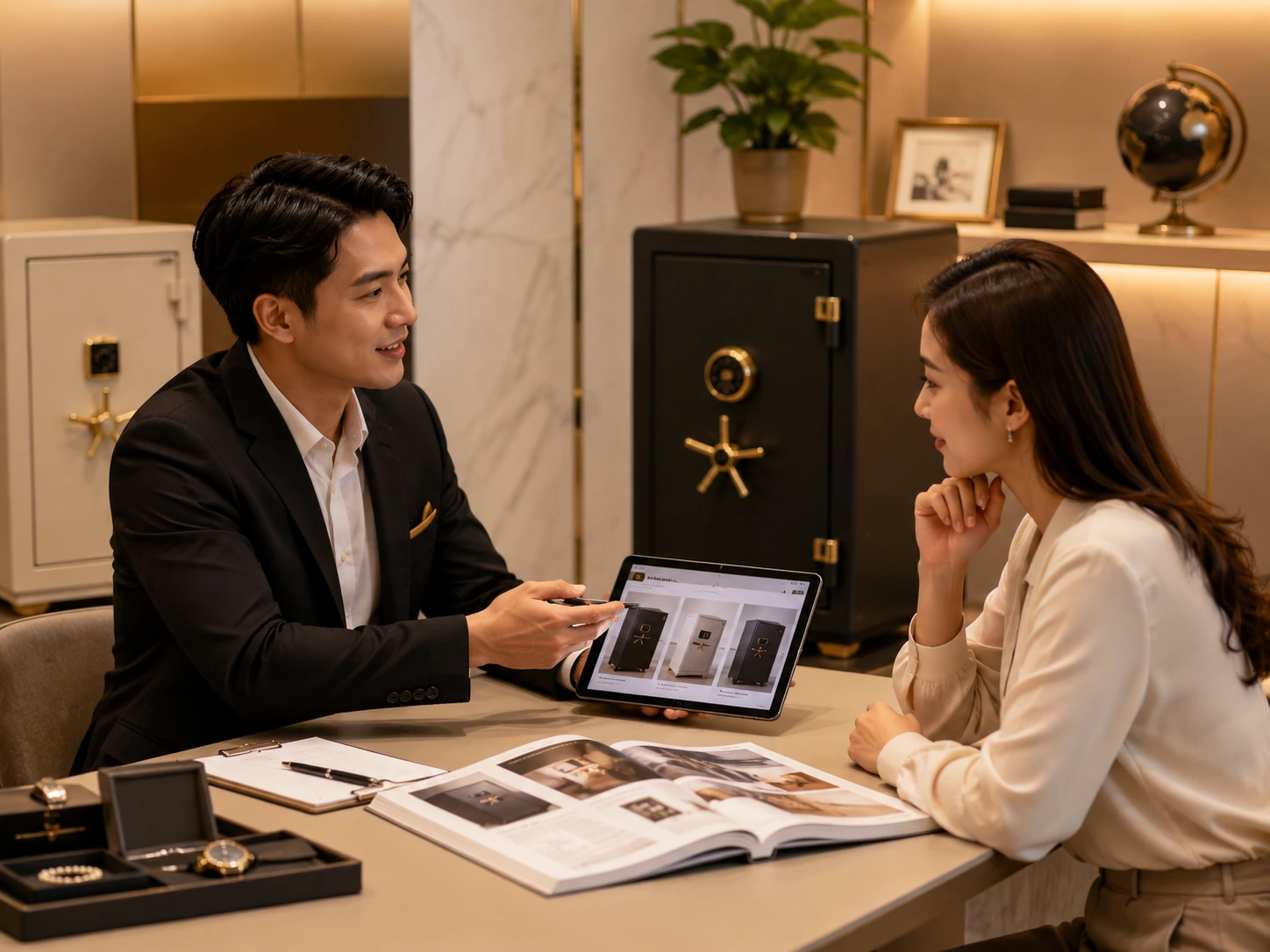 Owner CV Unggul Rejeki berkonsultasi dengan client untuk kebutuhan brankas